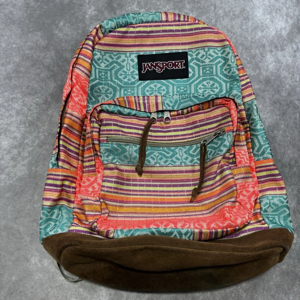 JanSport Right Pack World Backpack Teal/Pink/Coral Suede Bottom BOHO EUC